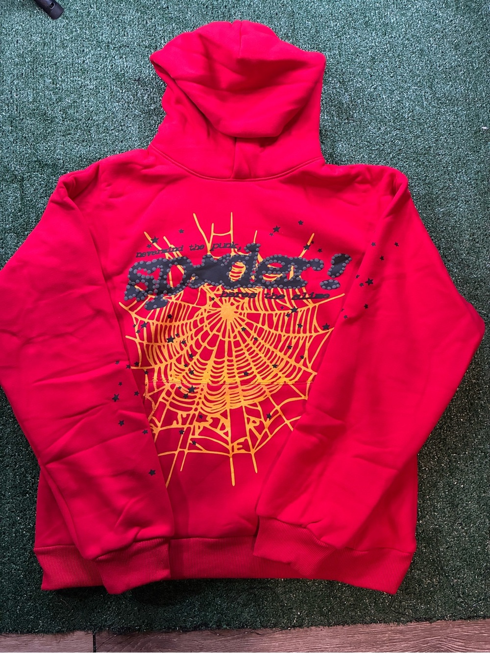 & Other Stories Kids Red Hooded Sweatshirt with Yellow Spiderweb Graphic